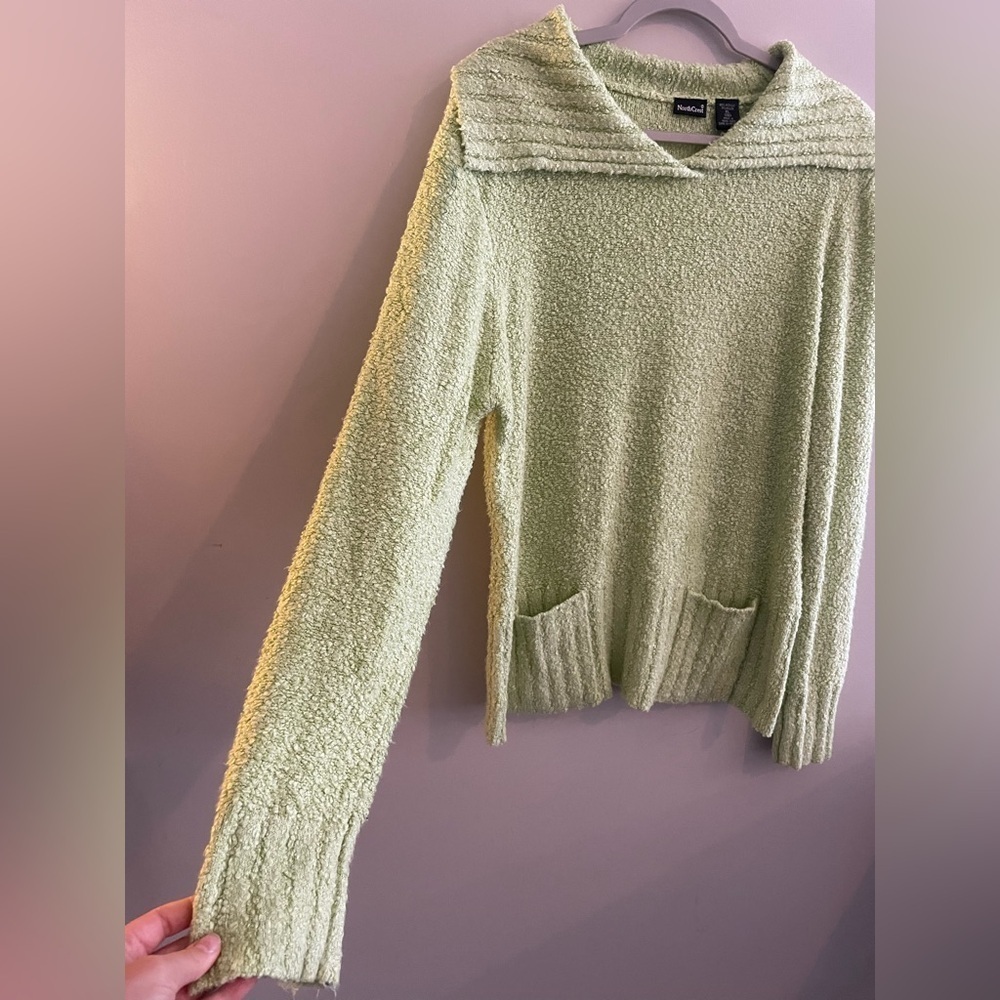 Northcrest Lime Green Fuzzy Collared Sweater With Pockets - Picture 2 of 5
